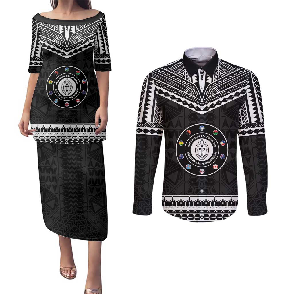 Personalised Melanesian Brotherhood Couples Matching Puletasi and Long Sleeve Button Shirt Ministry Faith And Mission LT05 Black - Polynesian Pride