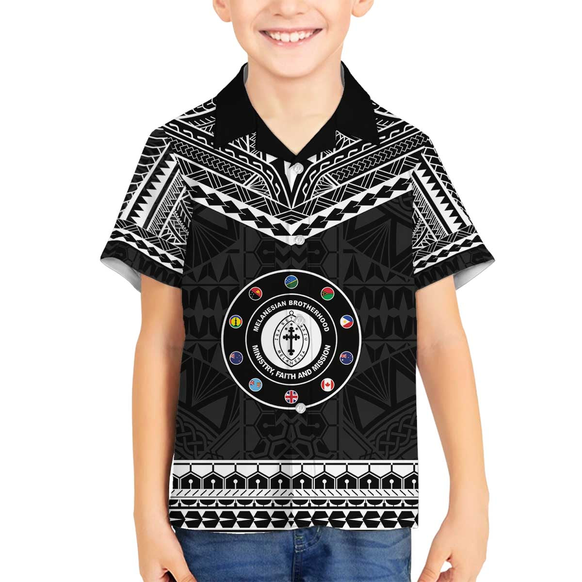 Personalised Melanesian Brotherhood Family Matching Off The Shoulder Long Sleeve Dress and Hawaiian Shirt Ministry Faith And Mission LT05 Son's Shirt Black - Polynesian Pride