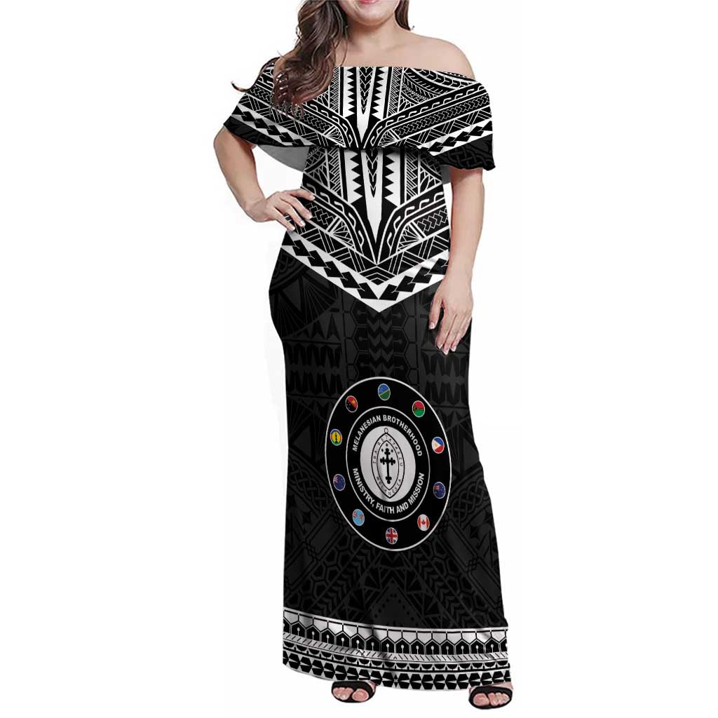 Personalised Melanesian Brotherhood Family Matching Off Shoulder Maxi Dress and Hawaiian Shirt Ministry Faith And Mission LT05 Mom's Dress Black - Polynesian Pride