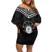 Personalised Melanesian Brotherhood Family Matching Off Shoulder Short Dress and Hawaiian Shirt Ministry Faith And Mission LT05 Mom's Dress Black - Polynesian Pride
