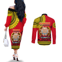 Papua New Guinea Couples Matching Off The Shoulder Long Sleeve Dress and Long Sleeve Button Shirts Melanesian Festival 2023 LT6 - Polynesian Pride