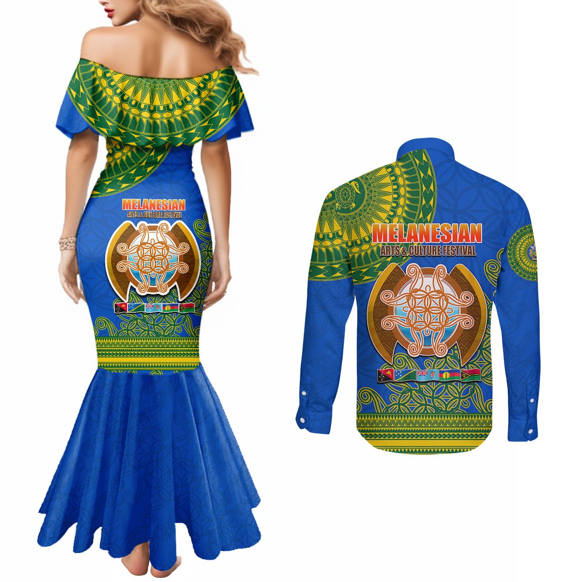 Solomon Islands Couples Matching Mermaid Dress and Long Sleeve Button Shirts Melanesian Festival 2023 LT6 - Polynesian Pride