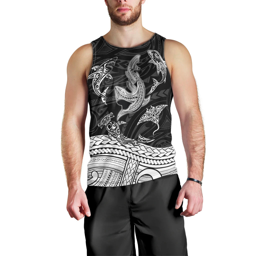 Polynesian Tribal Men Tank Top with Sharks Tattoo White LT6 - Polynesian Pride