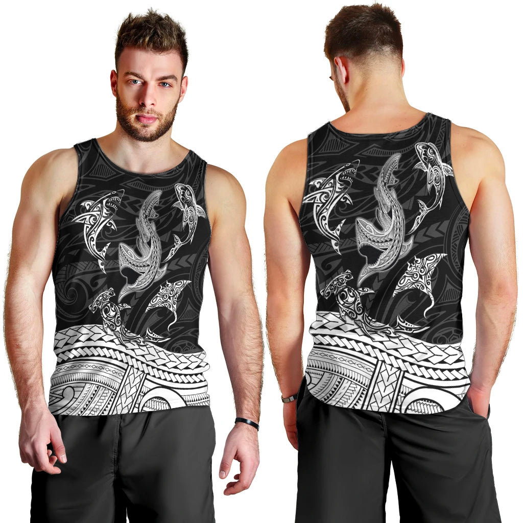 Polynesian Tribal Men Tank Top with Sharks Tattoo White LT6 - Polynesian Pride