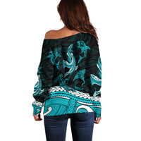 Polynesian Tribal Off Shoulder Sweater with Sharks Tattoo Green LT6 - Polynesian Pride