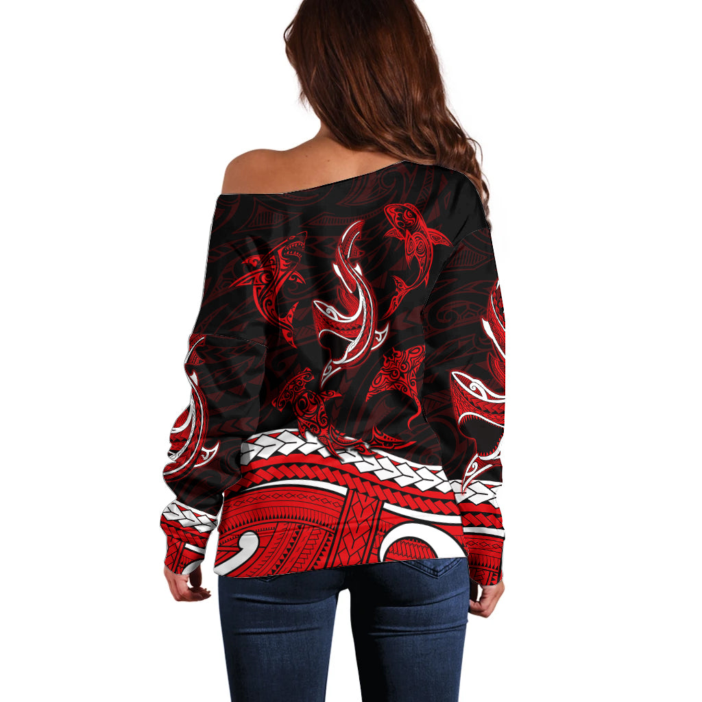 Polynesian Tribal Off Shoulder Sweater with Sharks Tattoo Red LT6 - Polynesian Pride