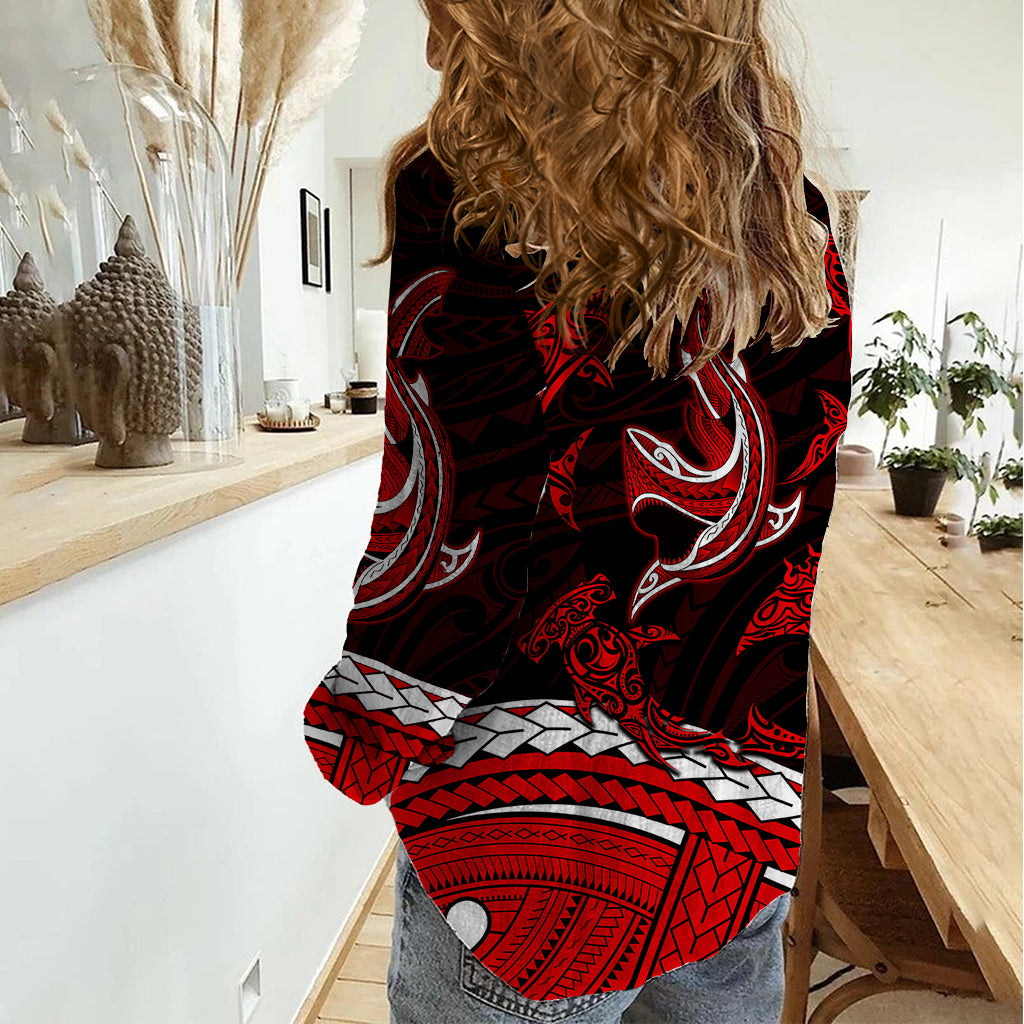 Polynesian Tribal Women Casual Shirt with Sharks Tattoo Red LT6 - Polynesian Pride