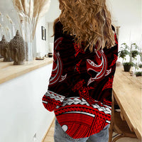 Polynesian Tribal Women Casual Shirt with Sharks Tattoo Red LT6 - Polynesian Pride