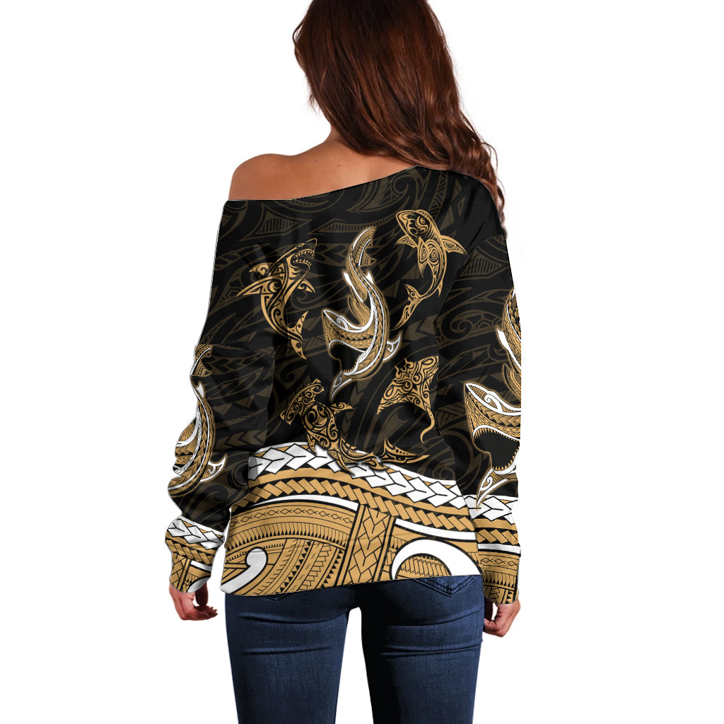 Polynesian Tribal Off Shoulder Sweater with Sharks Tattoo Gold LT6 - Polynesian Pride
