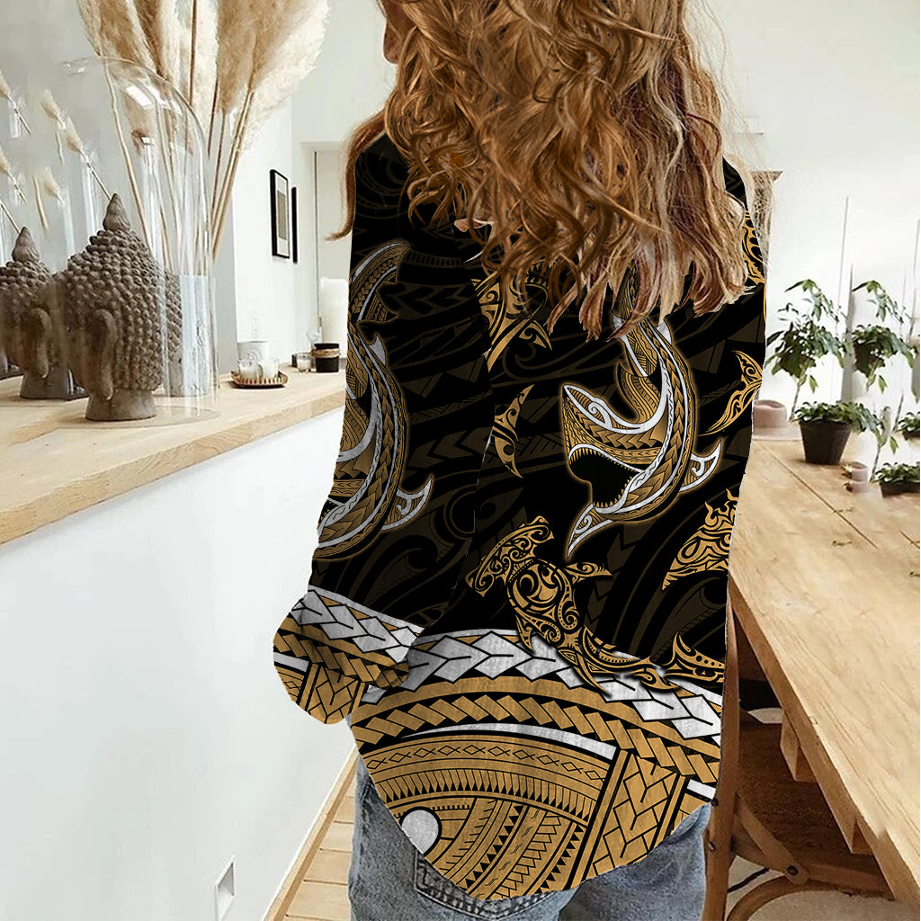 Polynesian Tribal Women Casual Shirt with Sharks Tattoo Gold LT6 - Polynesian Pride