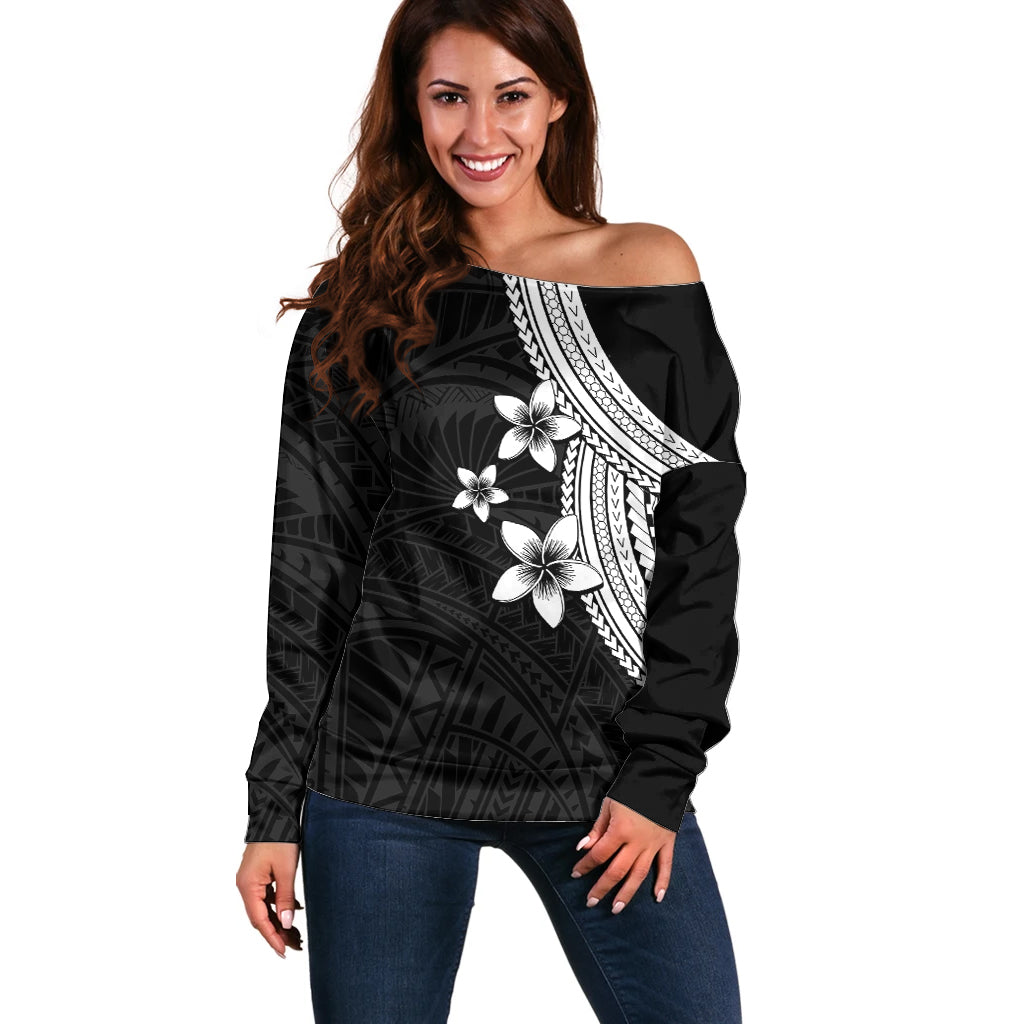 Polynesian Off Shoulder Sweater With Plumeria Flower White LT6 Women White - Polynesian Pride