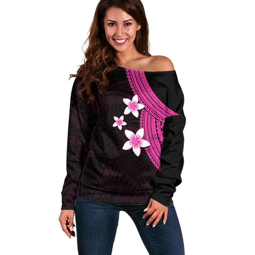 Polynesian Off Shoulder Sweater With Plumeria Flower Pink LT6 Women Pink - Polynesian Pride
