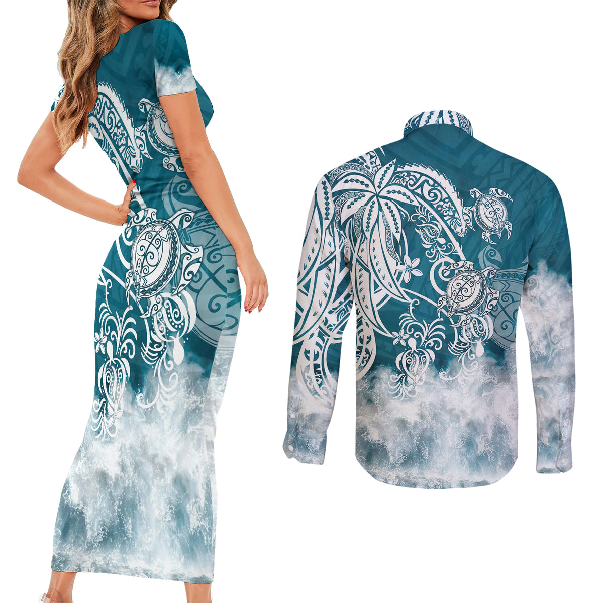 Polynesian Sea Turtle Couples Matching Short Sleeve Bodycon Dress and Long Sleeve Button Shirts Tribal LT6 - Polynesian Pride