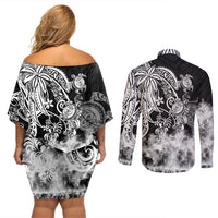 Polynesian Sea Turtle Couples Matching Off Shoulder Short Dress and Long Sleeve Button Shirts Tribal Black LT6 - Polynesian Pride