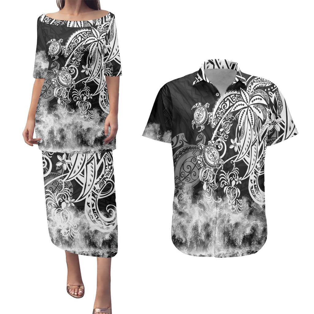 Polynesian Sea Turtle Couples Matching Puletasi Dress and Hawaiian Shirt Tribal Black LT6 Black - Polynesian Pride
