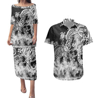 Polynesian Sea Turtle Couples Matching Puletasi Dress and Hawaiian Shirt Tribal Black LT6 Black - Polynesian Pride
