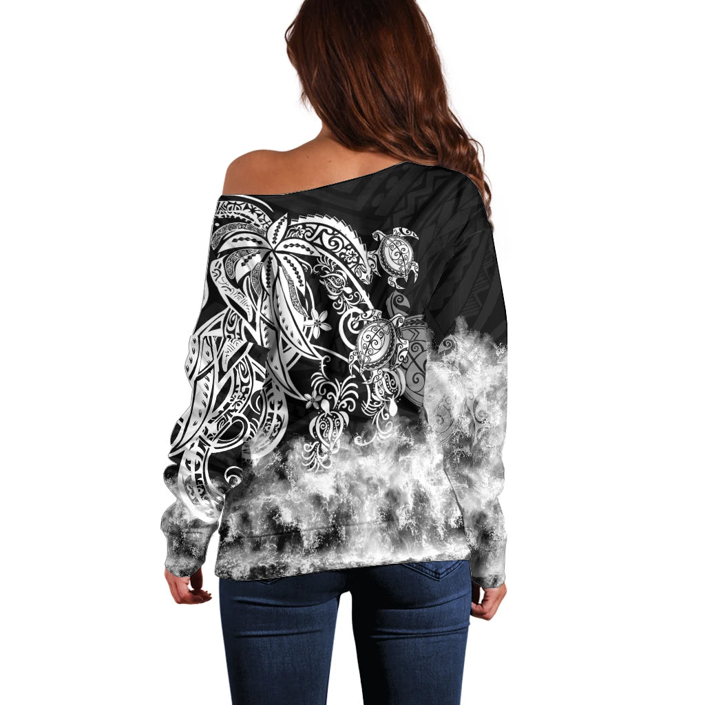 Polynesian Sea Turtle Off Shoulder Sweater Tribal Black LT6 - Polynesian Pride