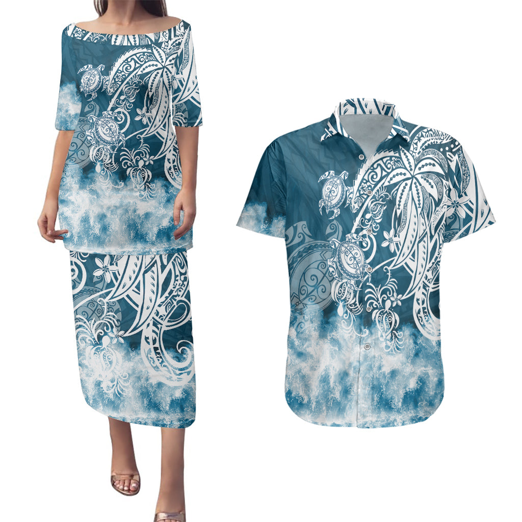 Polynesian Sea Turtle Couples Matching Puletasi Dress and Hawaiian Shirt Tribal Blue LT6 Blue - Polynesian Pride