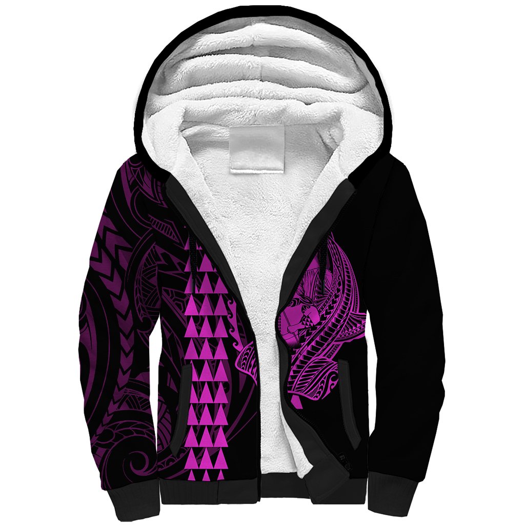 Polynesian Sherpa Hoodie Hawaiian Warrior and Aloha Girl With Hammerhead Shark Tattoos Purple LT6 Unisex Purple - Polynesian Pride