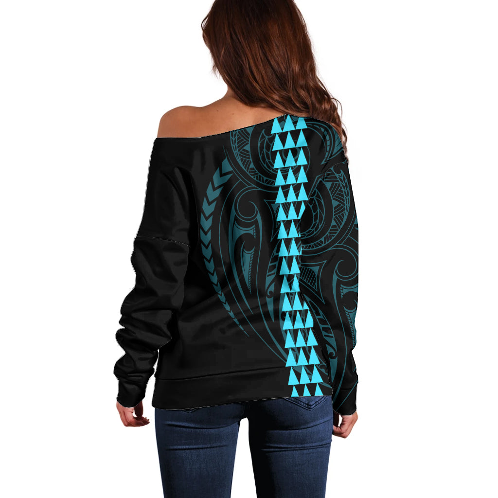 Polynesian Off Shoulder Sweater Hawaiian Warrior and Aloha Girl With Hammerhead Shark Tattoos Light Blue LT6 - Polynesian Pride