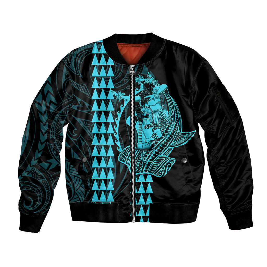Polynesian Sleeve Zip Bomber Jacket Hawaiian Warrior and Aloha Girl With Hammerhead Shark Tattoos Light Blue LT6 Unisex Blue - Polynesian Pride