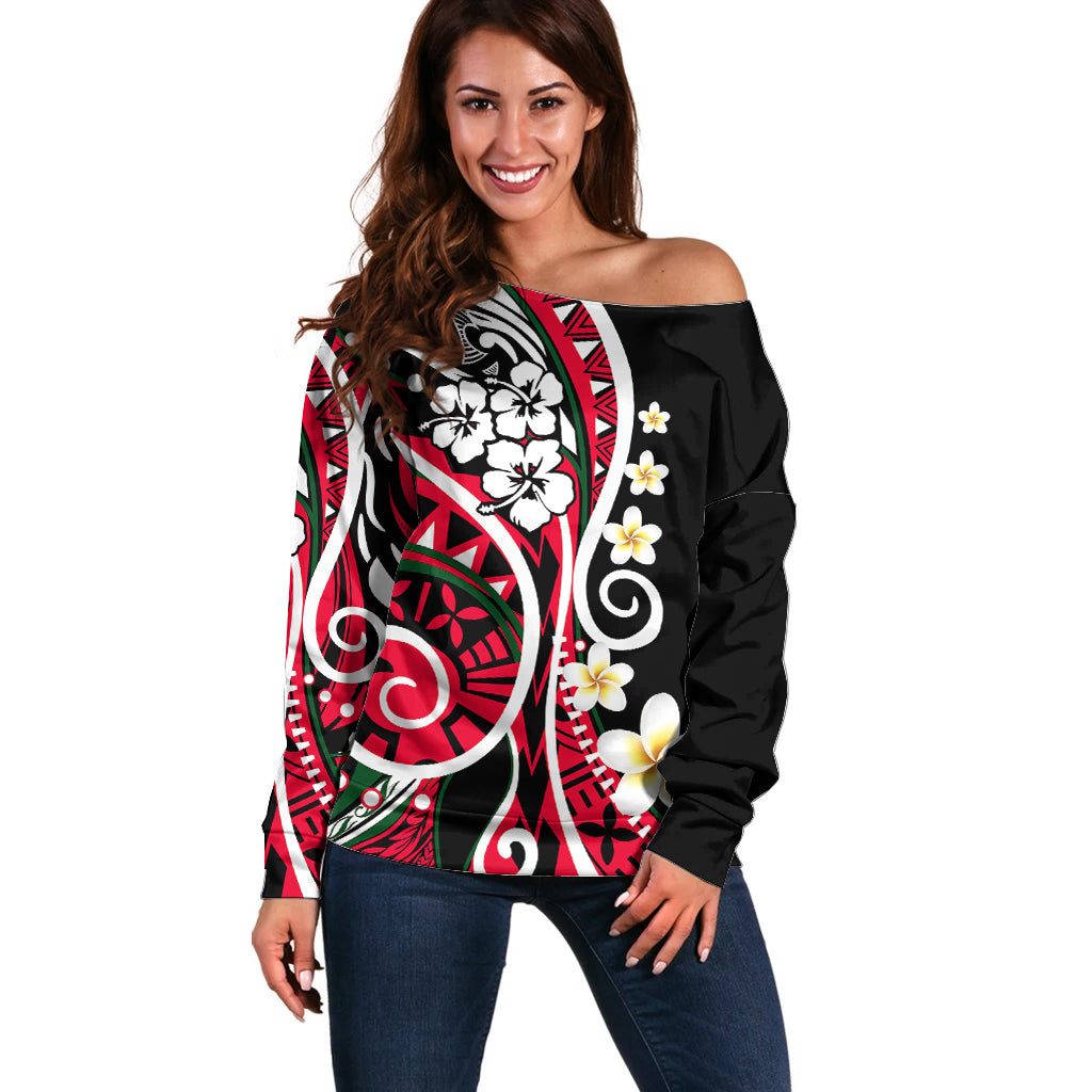 Plumeria Polynesian Off Shoulder Sweater Trending Red LT6 Women Red - Polynesian Pride