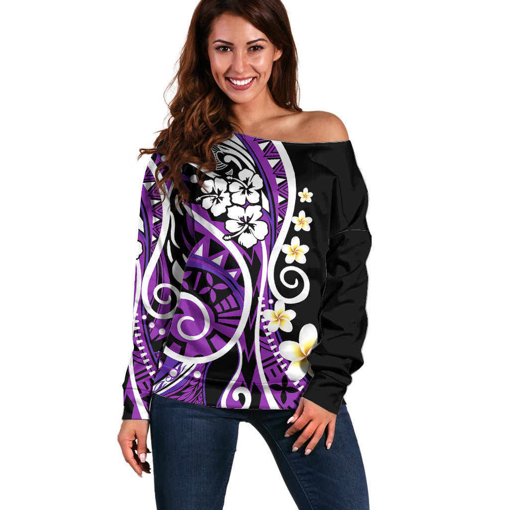 Plumeria Polynesian Off Shoulder Sweater Trending Purple LT6 Women Purple - Polynesian Pride