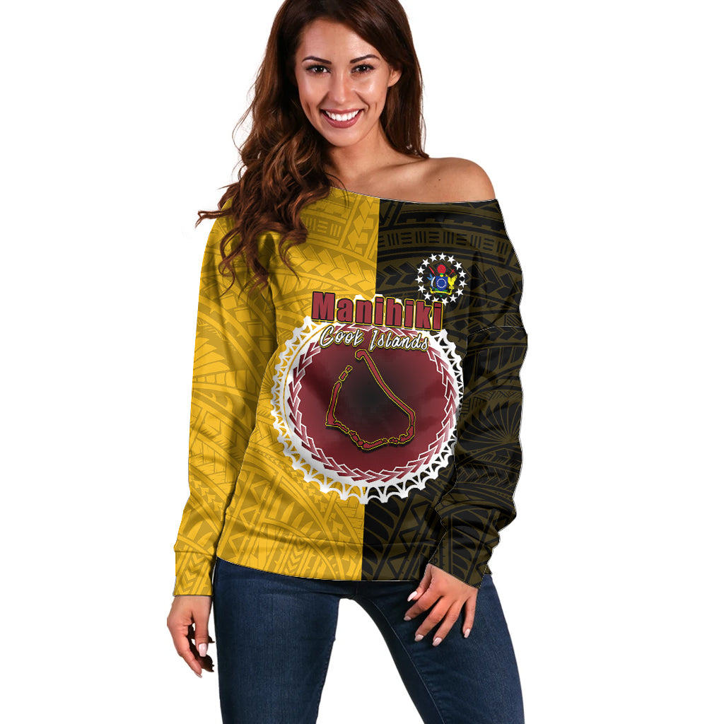 Custom Manihiki Of Cook Islands Off Shoulder Sweater Mix Half Black LT6 Women Yellow - Polynesian Pride