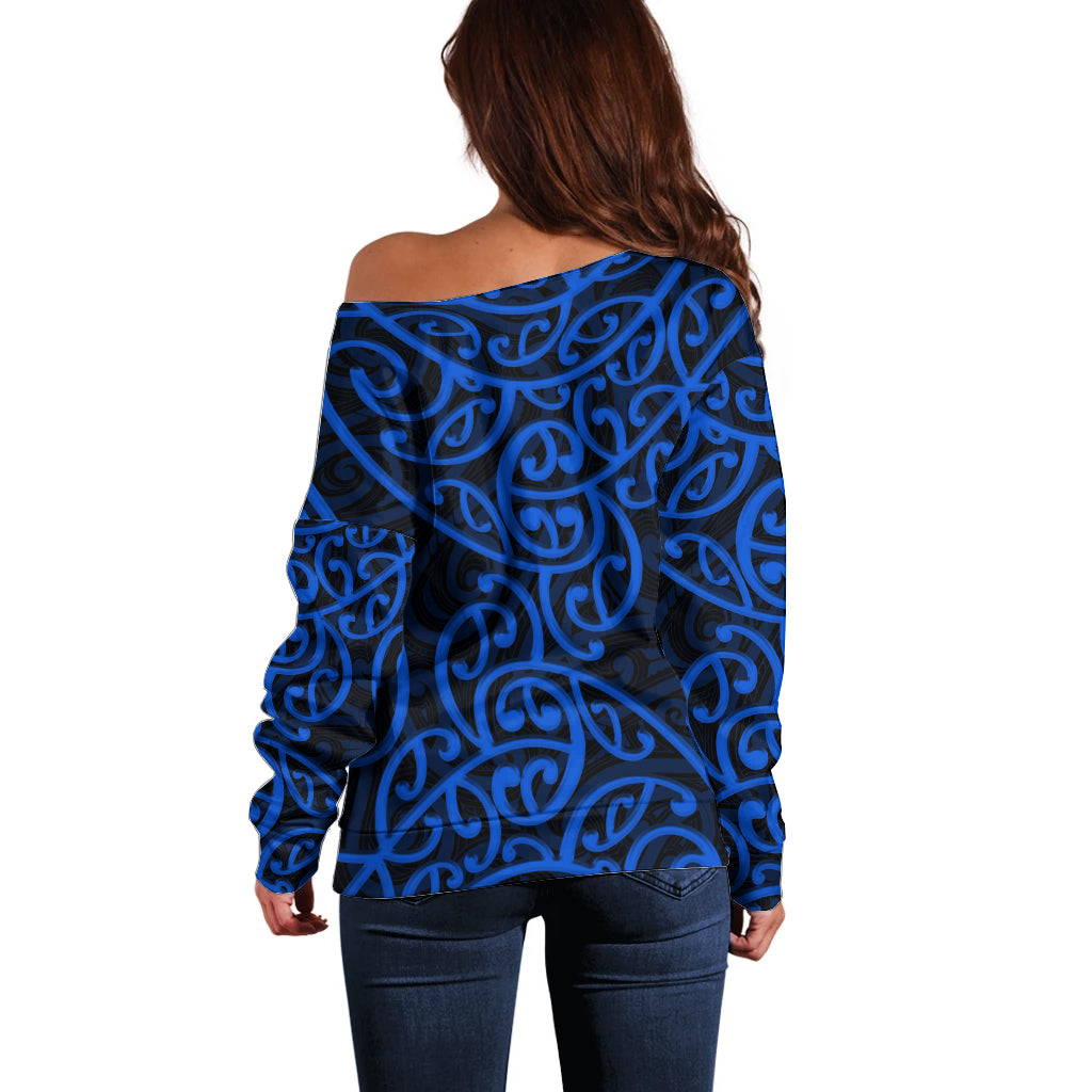 New Zealand Off Shoulder Sweater Maori Pattern Blue LT6 - Polynesian Pride