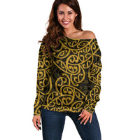New Zealand Off Shoulder Sweater Maori Pattern Gold LT6 Women Gold - Polynesian Pride