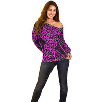 New Zealand Off Shoulder Sweater Maori Pattern Purple LT6 - Polynesian Pride