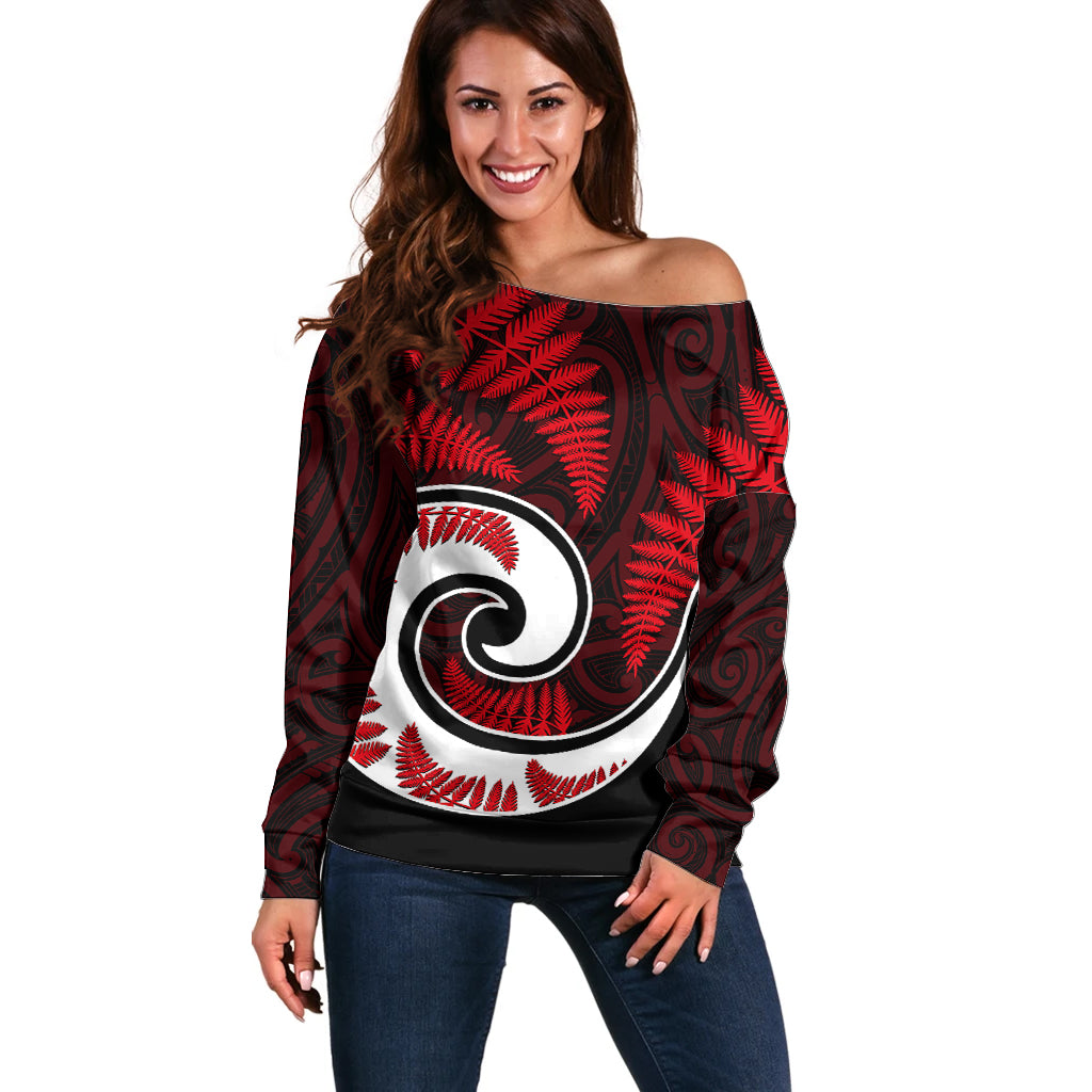 New Zealand Off Shoulder Sweater Maori With Silver Fern Red LT6 Women Red - Polynesian Pride