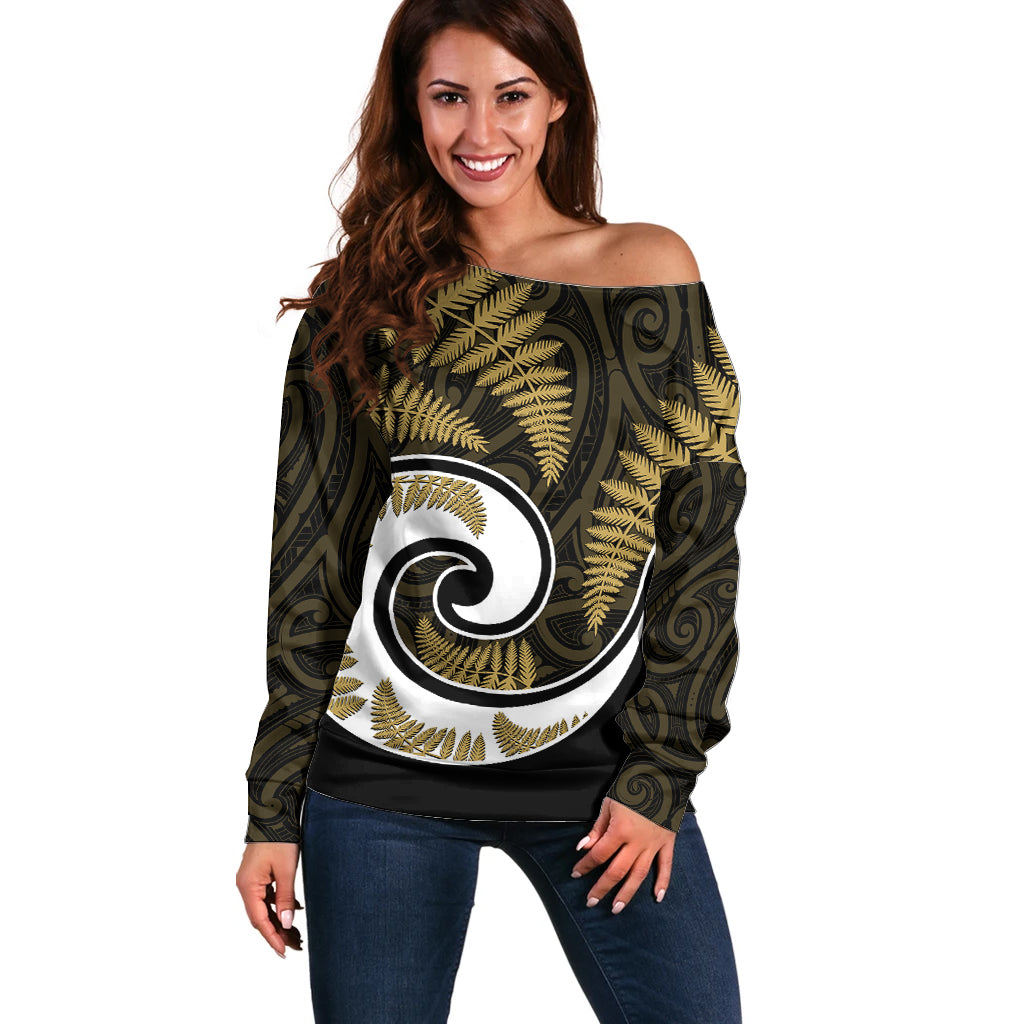 New Zealand Off Shoulder Sweater Maori With Silver Fern Gold LT6 Women Gold - Polynesian Pride
