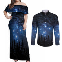Matariki Te Tau Hou Māori Couples Matching Off Shoulder Maxi Dress and Long Sleeve Button Shirt New Zealand Starry Sky LT7 Galaxy - Polynesian Pride