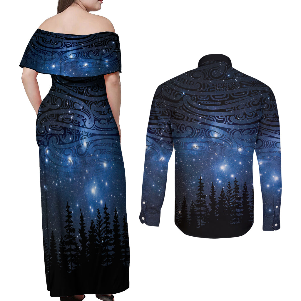 Matariki Te Tau Hou Māori Couples Matching Off Shoulder Maxi Dress and Long Sleeve Button Shirt New Zealand Starry Sky LT7 - Polynesian Pride
