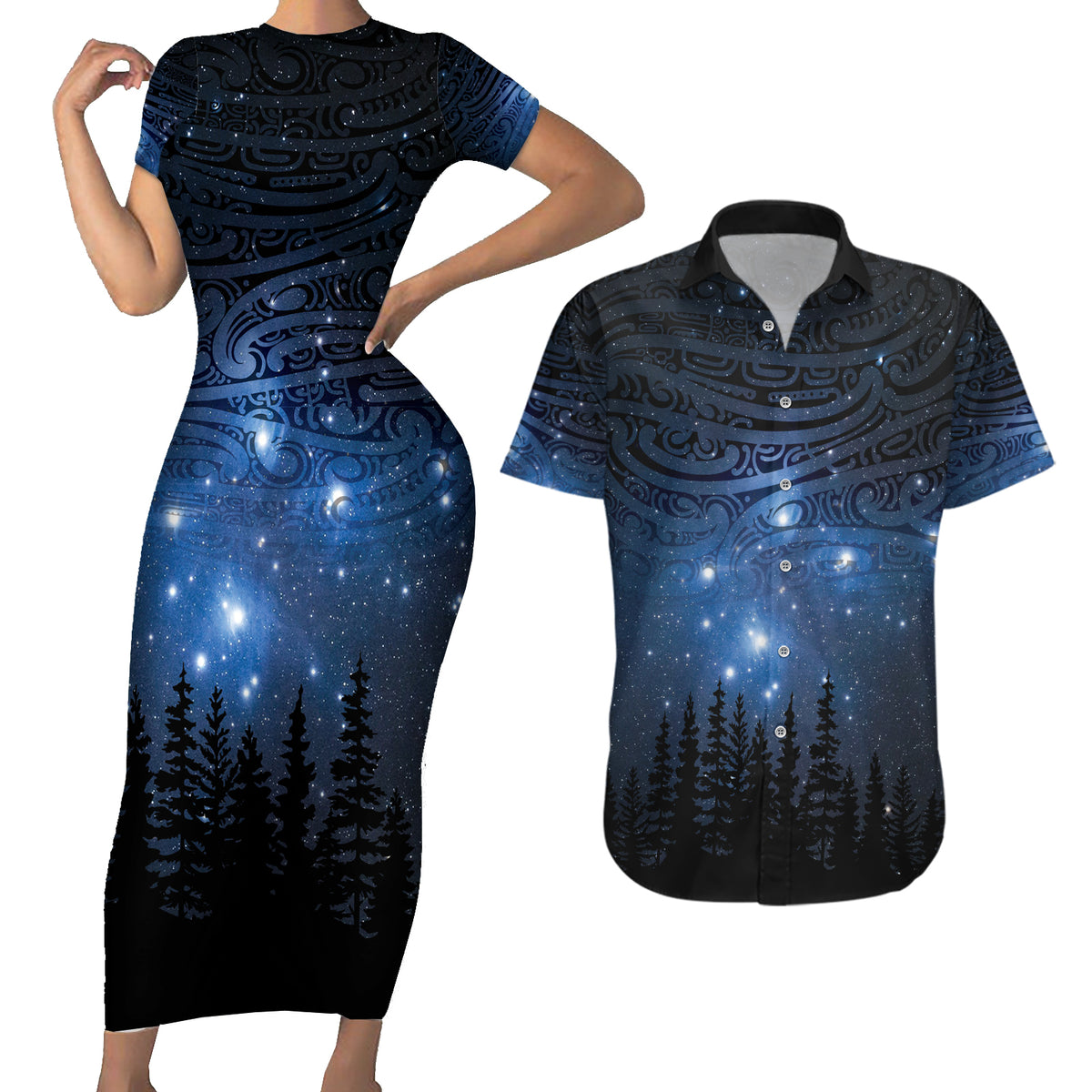 Matariki Te Tau Hou Māori Couples Matching Short Sleeve Bodycon Dress and Hawaiian Shirt New Zealand Starry Sky LT7 Galaxy - Polynesian Pride