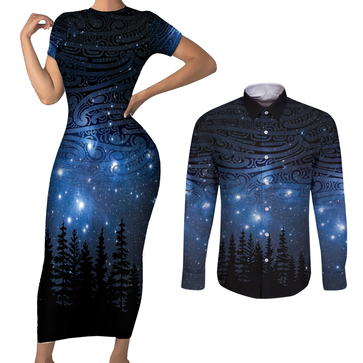 Matariki Te Tau Hou Māori Couples Matching Short Sleeve Bodycon Dress and Long Sleeve Button Shirt New Zealand Starry Sky LT7 Galaxy - Polynesian Pride