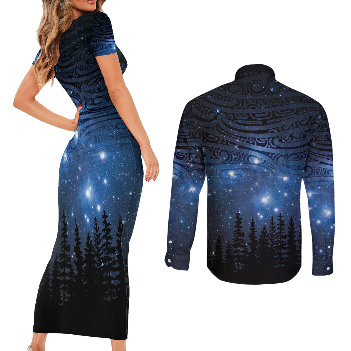 Matariki Te Tau Hou Māori Couples Matching Short Sleeve Bodycon Dress and Long Sleeve Button Shirt New Zealand Starry Sky LT7 - Polynesian Pride