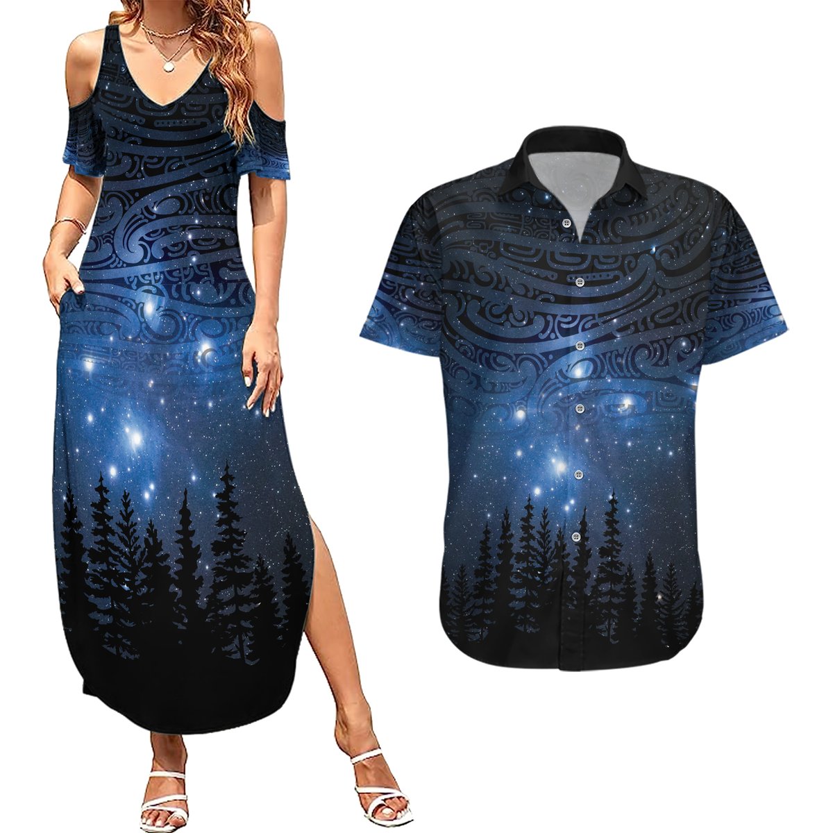 Matariki Te Tau Hou Māori Couples Matching Summer Maxi Dress and Hawaiian Shirt New Zealand Starry Sky LT7 Galaxy - Polynesian Pride