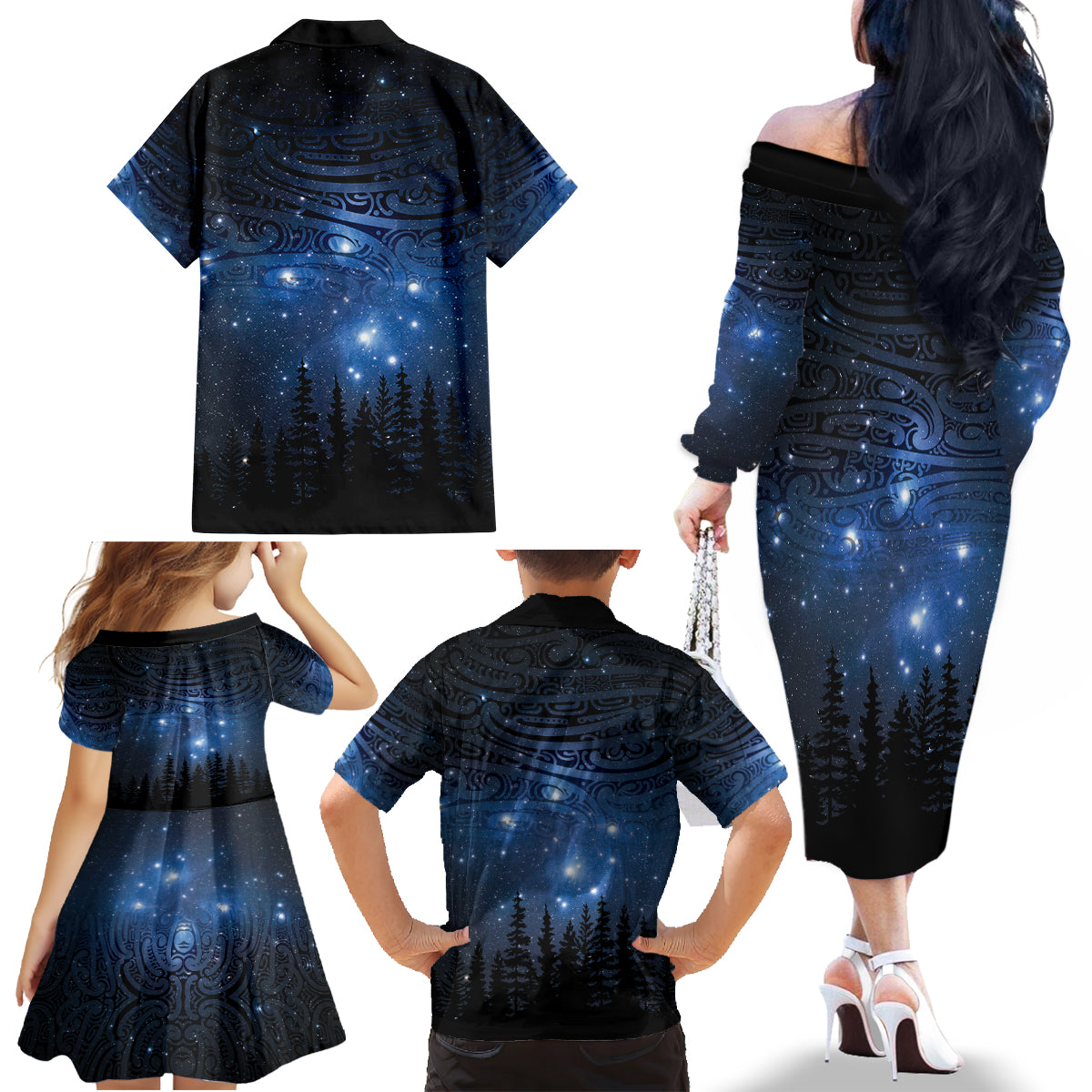 Matariki Te Tau Hou Māori Family Matching Off The Shoulder Long Sleeve Dress and Hawaiian Shirt New Zealand Starry Sky LT7 - Polynesian Pride