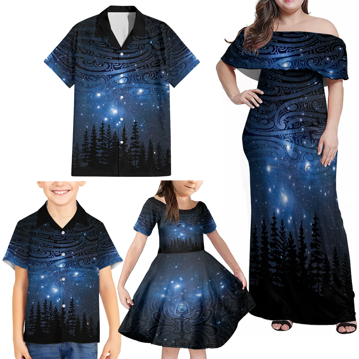 Matariki Te Tau Hou Māori Family Matching Off Shoulder Maxi Dress and Hawaiian Shirt New Zealand Starry Sky LT7 - Polynesian Pride