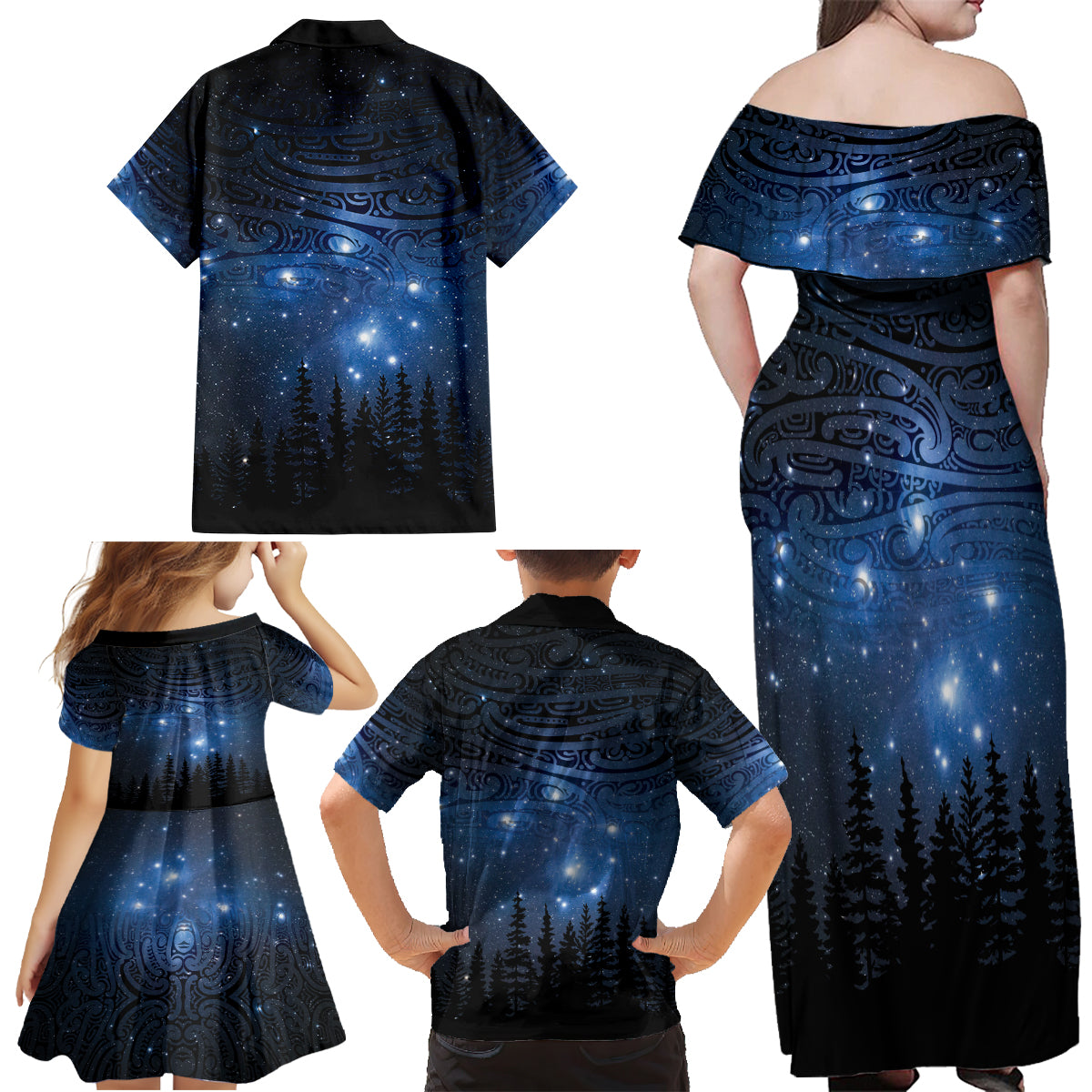 Matariki Te Tau Hou Māori Family Matching Off Shoulder Maxi Dress and Hawaiian Shirt New Zealand Starry Sky LT7 - Polynesian Pride