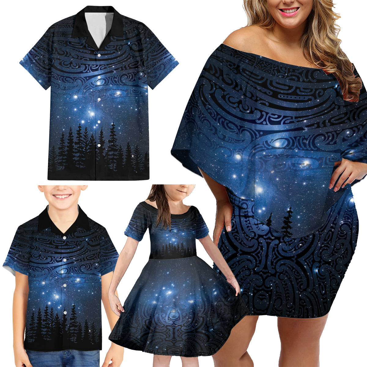 Matariki Te Tau Hou Māori Family Matching Off Shoulder Short Dress and Hawaiian Shirt New Zealand Starry Sky LT7 - Polynesian Pride