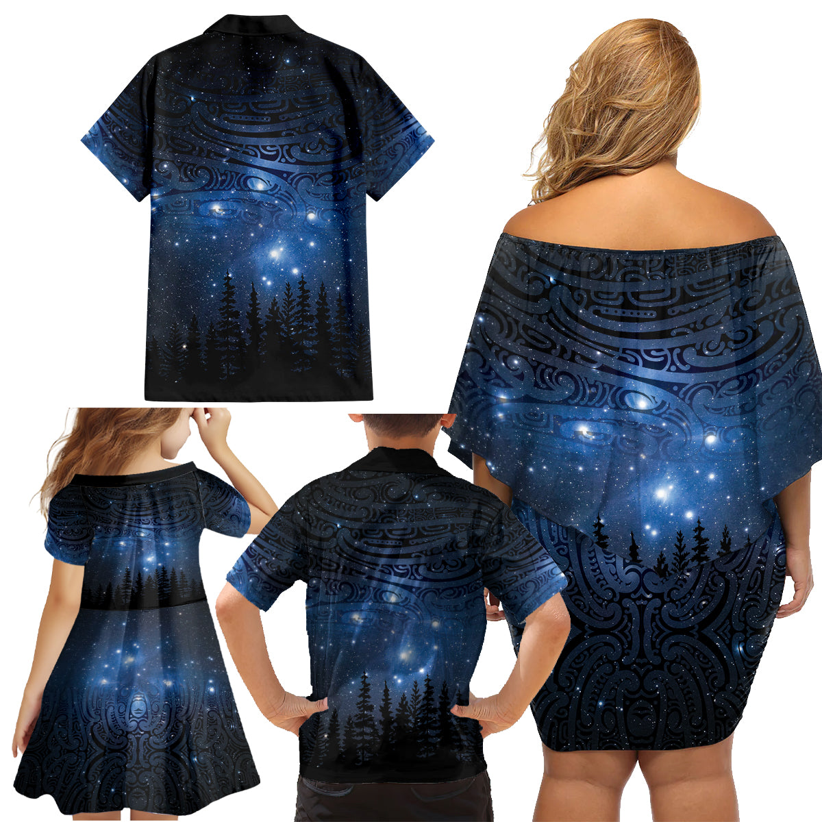 Matariki Te Tau Hou Māori Family Matching Off Shoulder Short Dress and Hawaiian Shirt New Zealand Starry Sky LT7 - Polynesian Pride