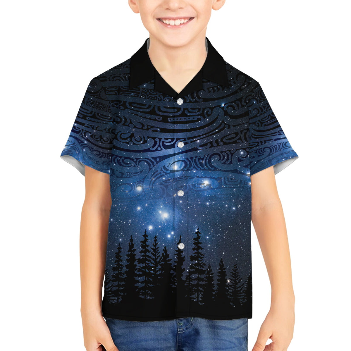 Matariki Te Tau Hou Māori Family Matching Off Shoulder Short Dress and Hawaiian Shirt New Zealand Starry Sky LT7 Son's Shirt Galaxy - Polynesian Pride