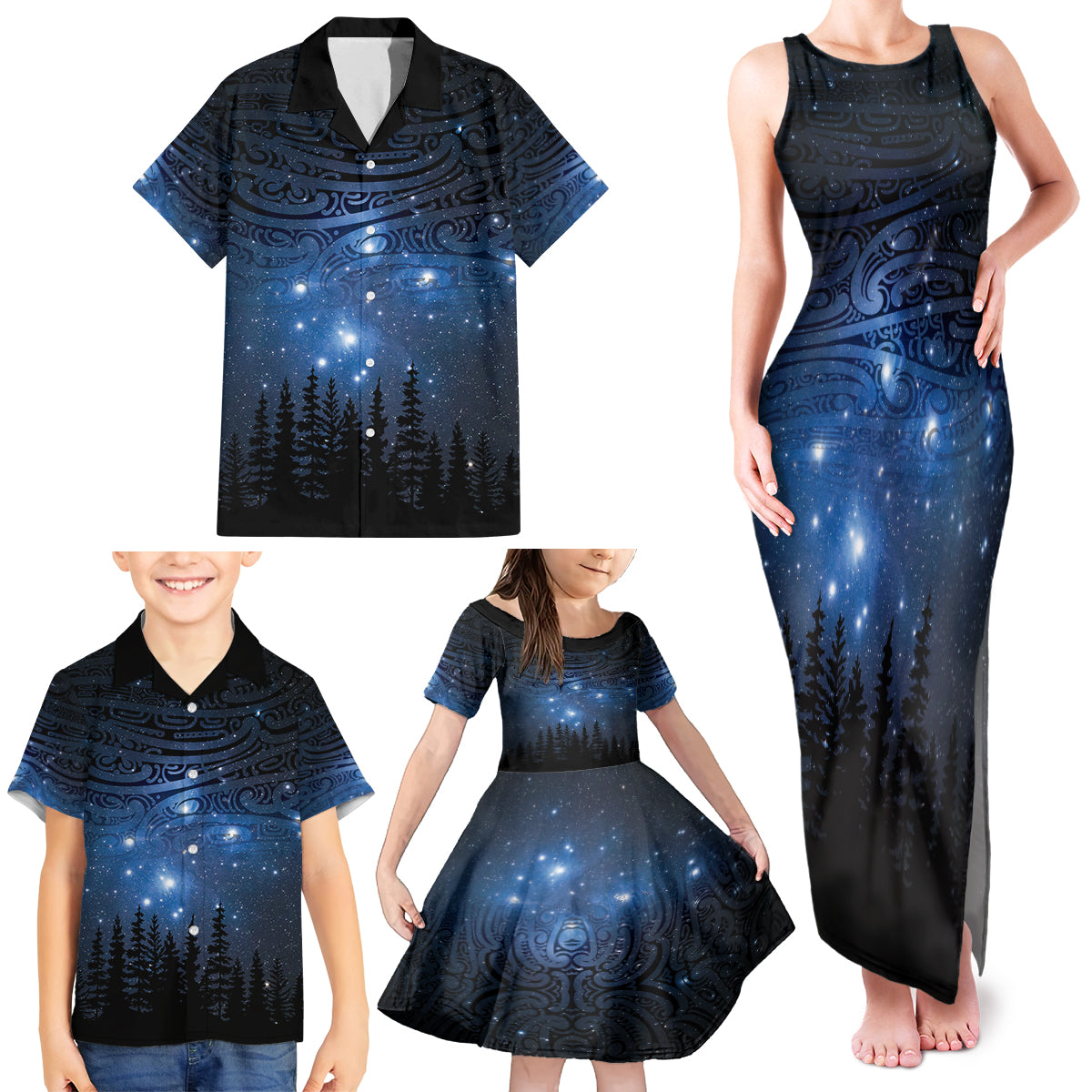 Matariki Te Tau Hou Māori Family Matching Tank Maxi Dress and Hawaiian Shirt New Zealand Starry Sky LT7 - Polynesian Pride