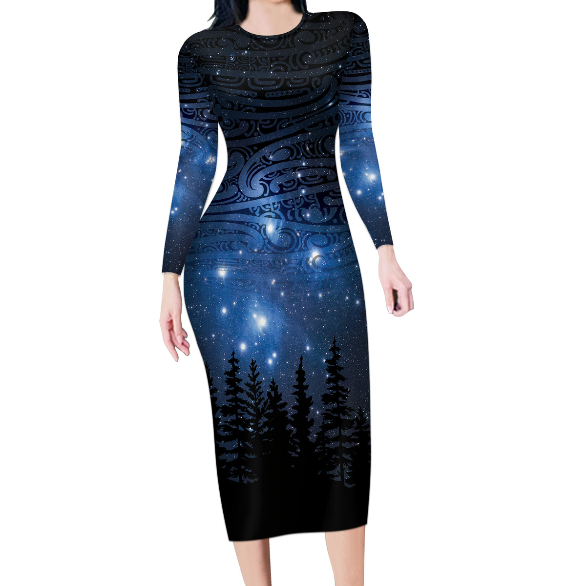 Matariki Te Tau Hou Māori Long Sleeve Bodycon Dress New Zealand Starry Sky LT7 Long Dress Galaxy - Polynesian Pride
