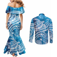 World Ocean Day Polynesian Pattern Couples Matching Mermaid Dress and Long Sleeve Button Shirt Crystal Waves