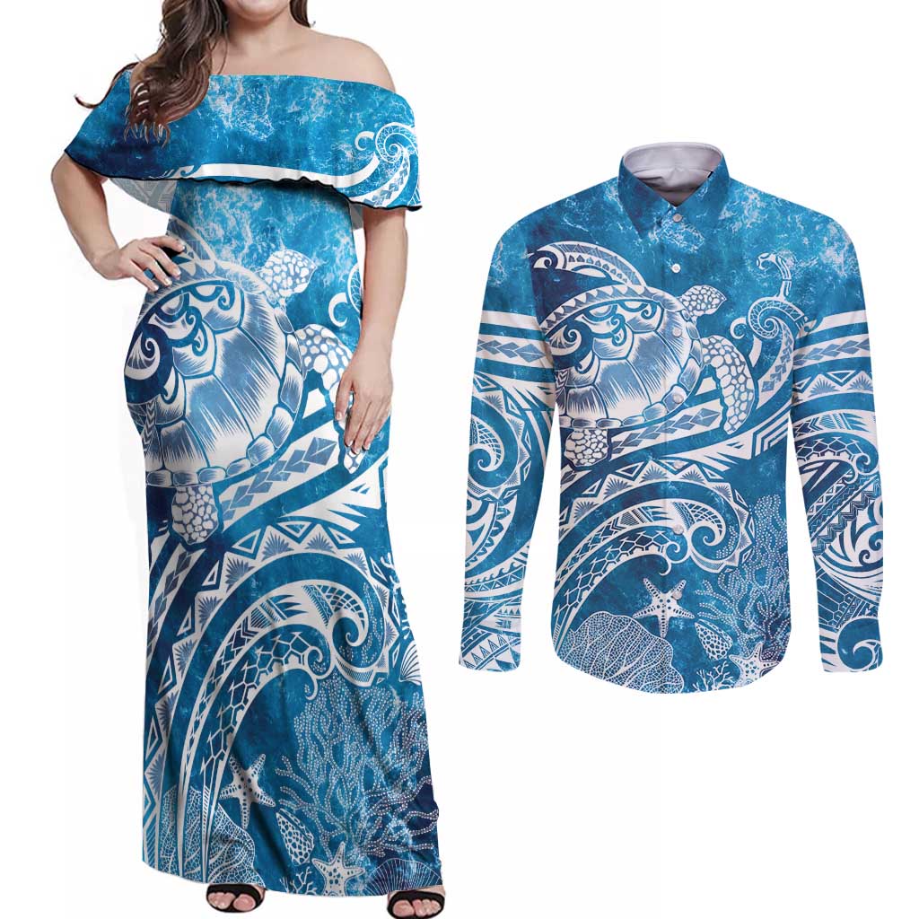 World Ocean Day Polynesian Pattern Couples Matching Off Shoulder Maxi Dress and Long Sleeve Button Shirt Crystal Waves LT7 Blue - Polynesian Pride