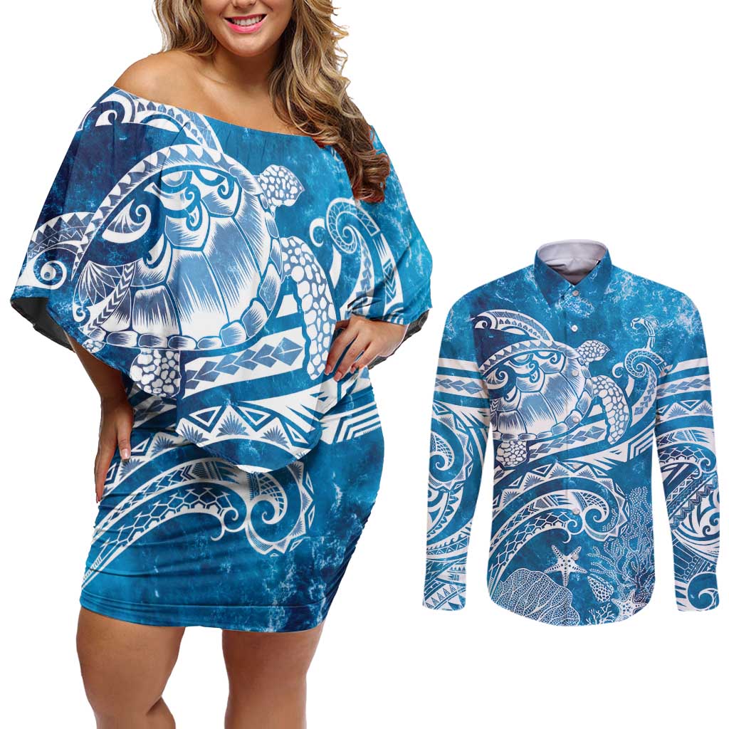 World Ocean Day Polynesian Pattern Couples Matching Off Shoulder Short Dress and Long Sleeve Button Shirt Crystal Waves LT7 Blue - Polynesian Pride